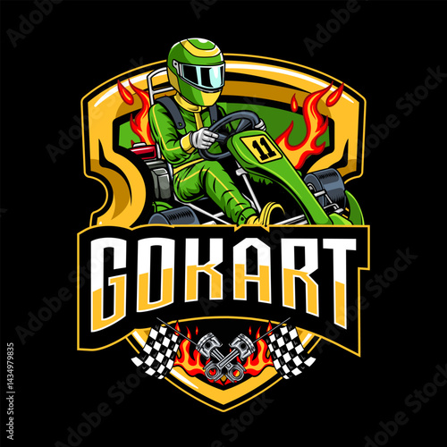 Kart sport racing, green color with a man driver emblem from side view logo cartoon illustration for poster, t-shirt print, business element, social media content, blog, sticker, vlog, and card