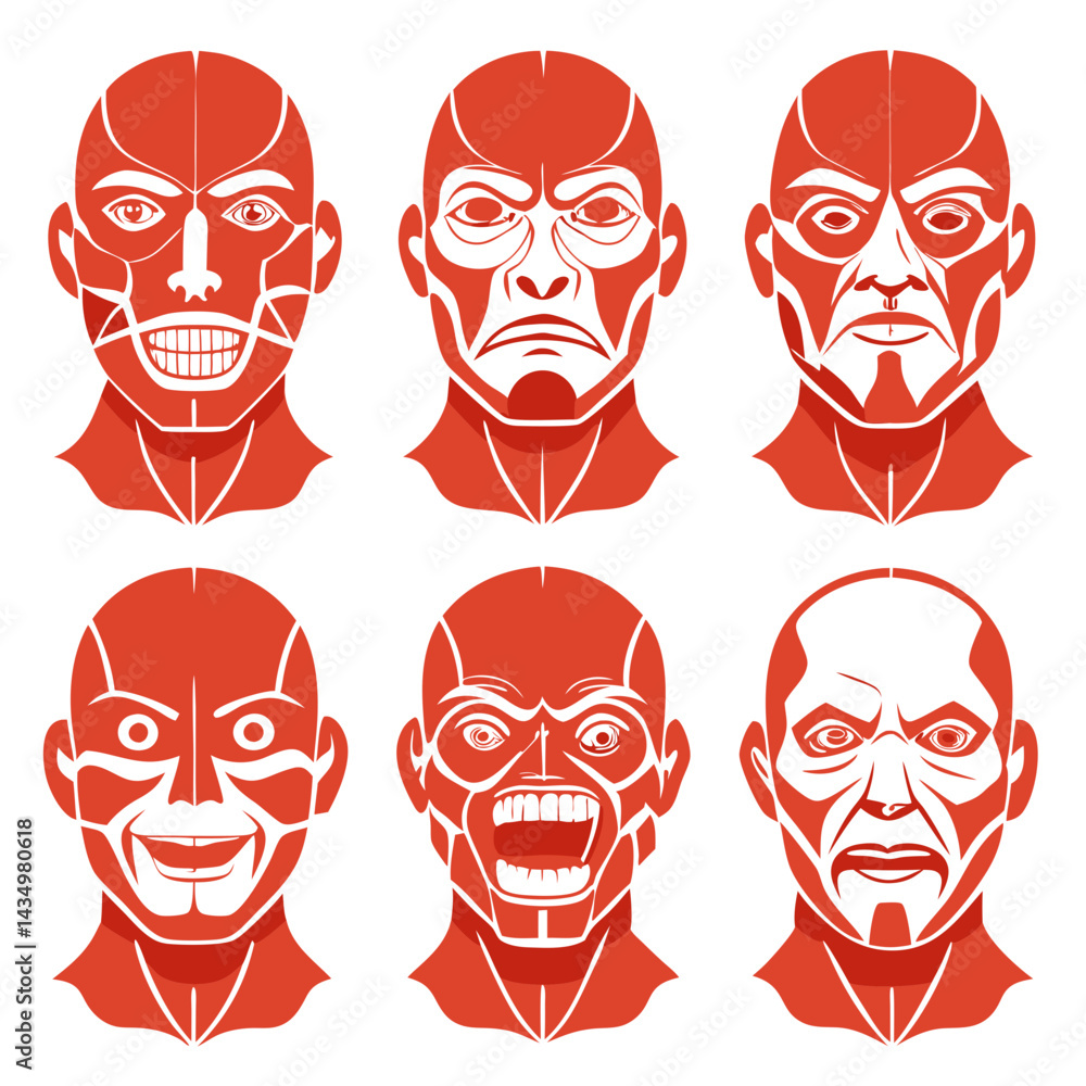 Six abstract human heads displaying varied emotions in red and white Six abstract human heads displaying varied emotions in red and white