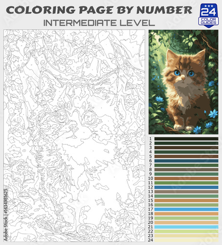 Fluffy Kitten in Blooming Garden – Intermediate Level Color by Number Printable Page for Cat Lovers and Nature Fans – Relaxing DIY Coloring Activity