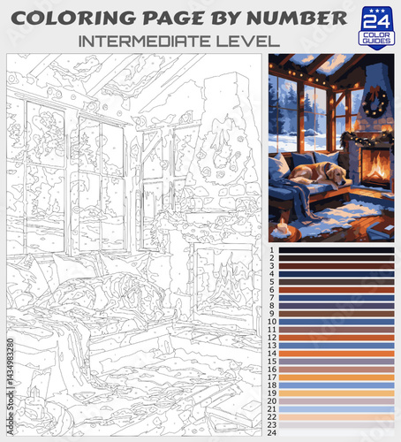 Cozy Winter Cabin with Sleeping Dog – Intermediate Level Color by Number Printable Page for Relaxation and Holiday Decor – Warm Fireplace Scene DIY Art