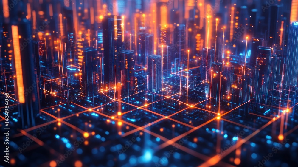 Obraz premium Futuristic city network, glowing digital architecture.