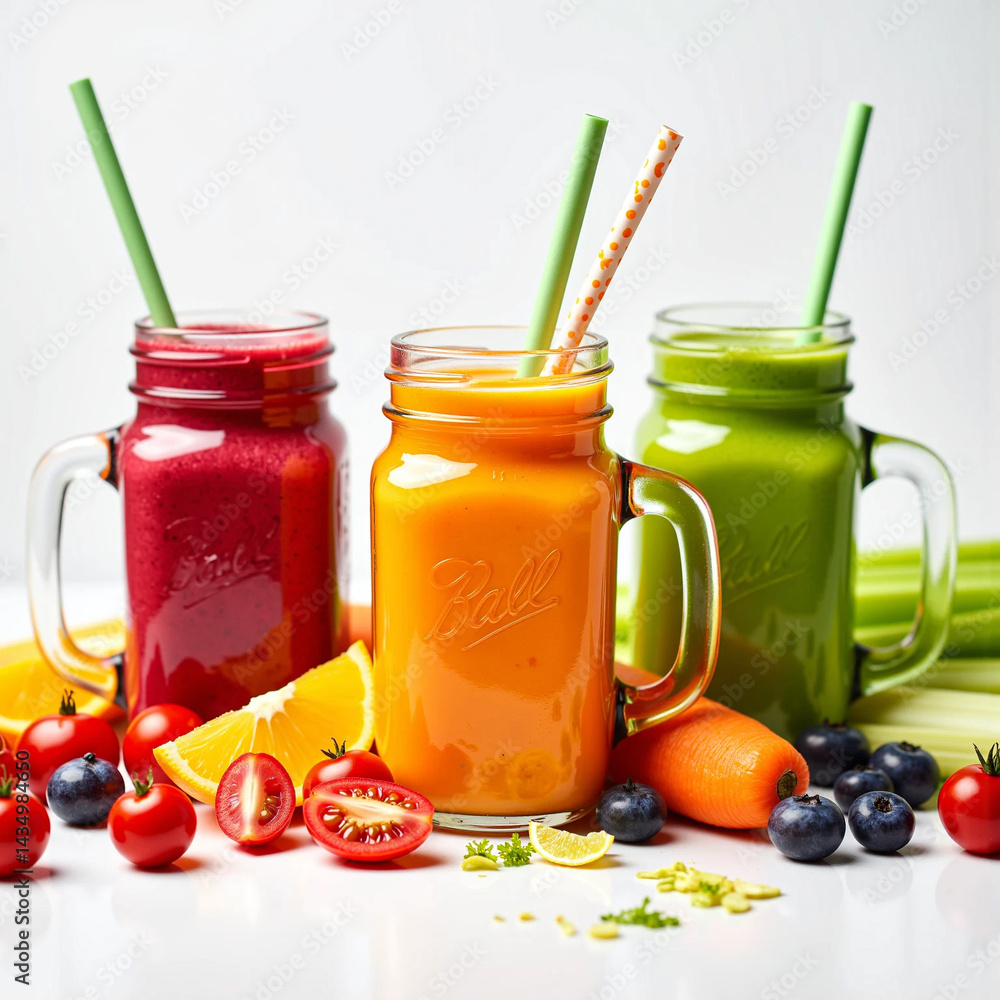 Healthy Fruit and Vegetable Smoothies and Juices – Colorful Blends Isolated on White Background Healthy Fruit and Vegetable Smoothies and Juices – Colorful Blends Isolated on White Background