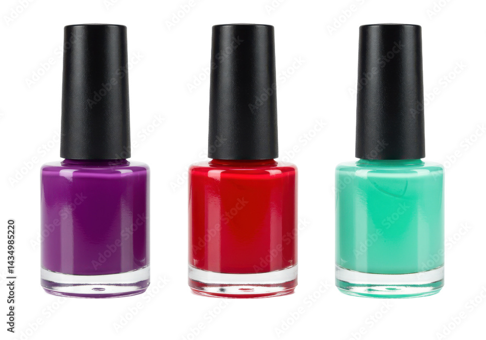 Three nail polish bottles in purple, red, and green isolated on transparent background Three nail polish bottles in purple, red, and green isolated on transparent background