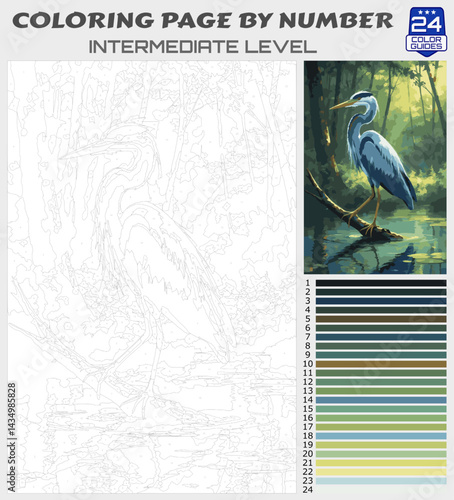 Coloring Page by Numbers - Elegant Heron in Tranquil Forest Swamp - Intermediate Paint by Number Template with 24 Color Palette for All Ages