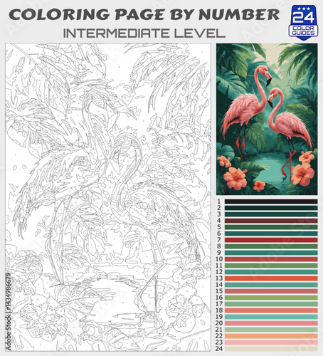 Coloring Page by Numbers - Tropical Flamingos with Flowers and Palm Leaves - Intermediate Paint by Number Template with 24 Color Palette for All Ages