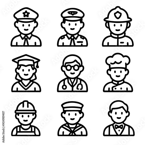 Cute Doodle icon set representing various professions including police, doctor, chef, pilot, construction worker, and more