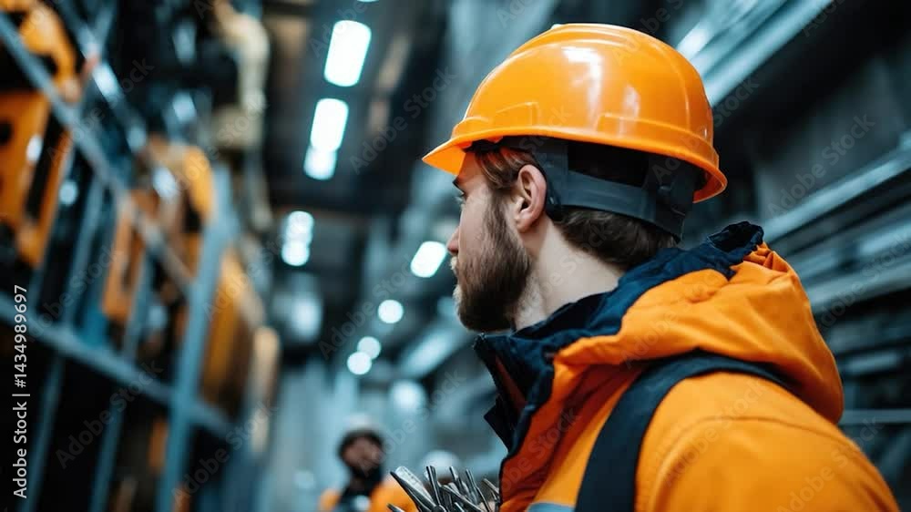 Focused construction worker in safety apparel at a busy industrial site Focused construction worker in safety apparel at a busy industrial site