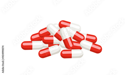 Heap of medication in red capsules isolated on white background. Vector cartoon flat illustration. Pills icon.