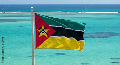 Mozambican flag flutters in the breeze against a vibrant turquoise ocean backdrop