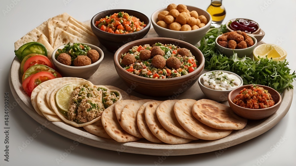 A Lebanese mezze spread with hummus, falafel, tabbouleh, and pita bread, professional food photography on a white background A Lebanese mezze spread with hummus, falafel, tabbouleh, and pita bread, professional food photography on a white background