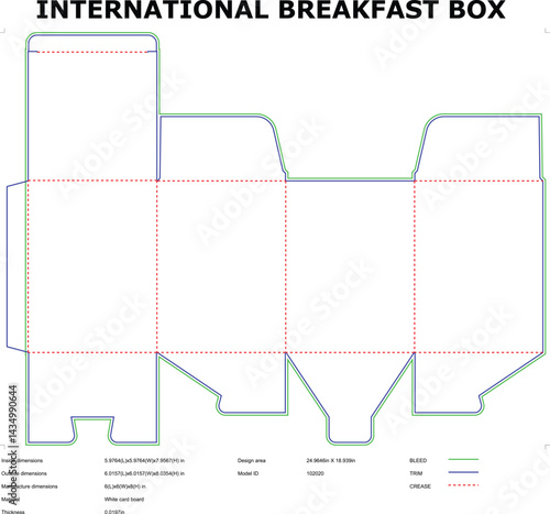 International Breakfast Box Packaging Die Cut Template And Dimensions On White Background