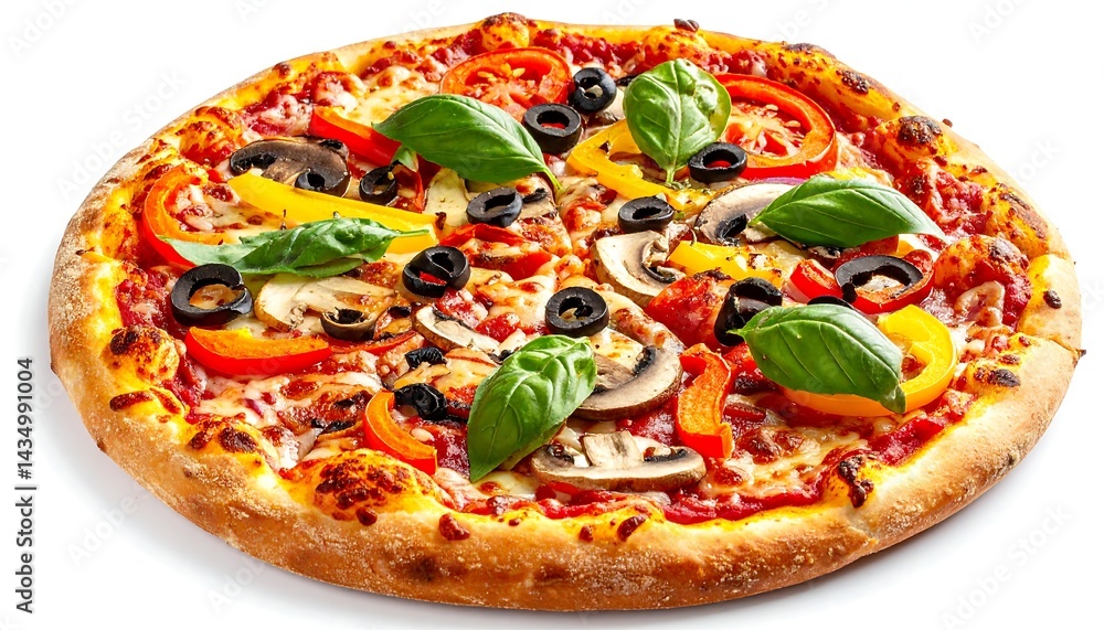 Delicious Vegetarian Pizza Topped with Mushrooms Peppers Olives and Basil Delicious Vegetarian Pizza Topped with Mushrooms Peppers Olives and Basil