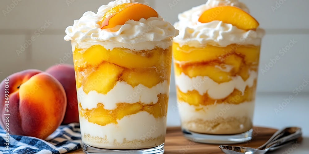Peach Dessert Parfaits on Wooden Board