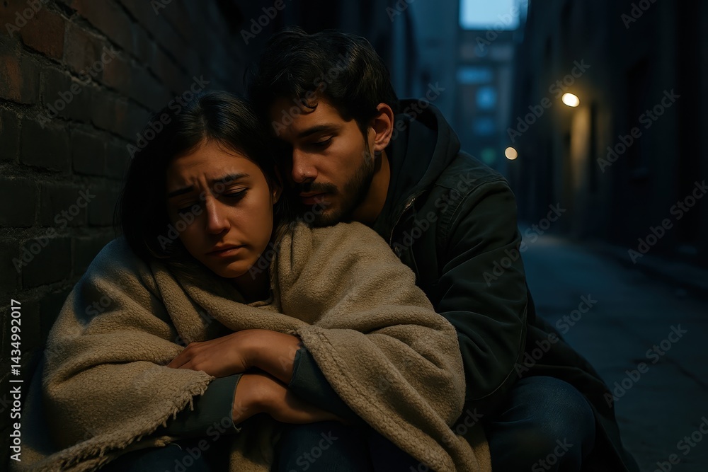 Obraz premium Homeless Couple at Night – Finding Comfort in Each Other