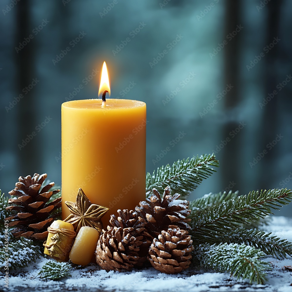 Candle in Winter Forest Scene