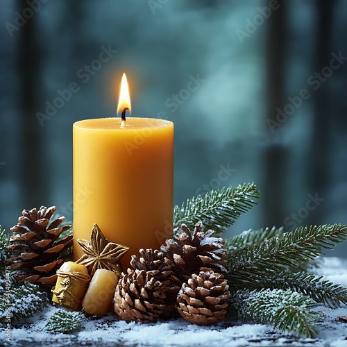Candle in Winter Forest Scene