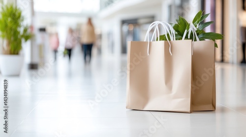 Wallpaper Mural Shopping Bags with Plant Modern Minimalist Style High-Resolution Soft Lighting Ground Level View Kraft Paper Texture Retail Therapy Shopping Mall Neutral Tones Perfect for Retail Ads Torontodigital.ca