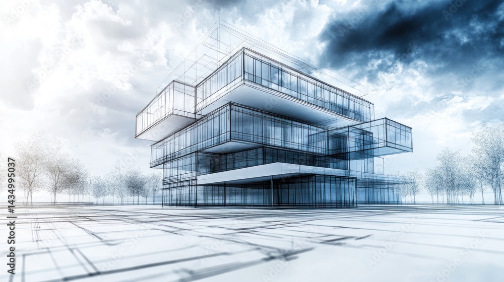 conceptual architectural sketch showcasing a modern building design with glass facade and wireframe details against a cloudy sky backdrop