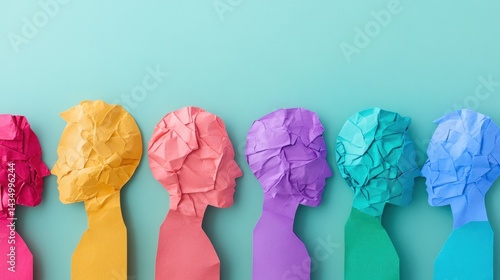 Vibrant paper silhouettes in assorted colors symbolize diversity and individuality. This artistic composition expresses creativity and unique identities through minimalist design.