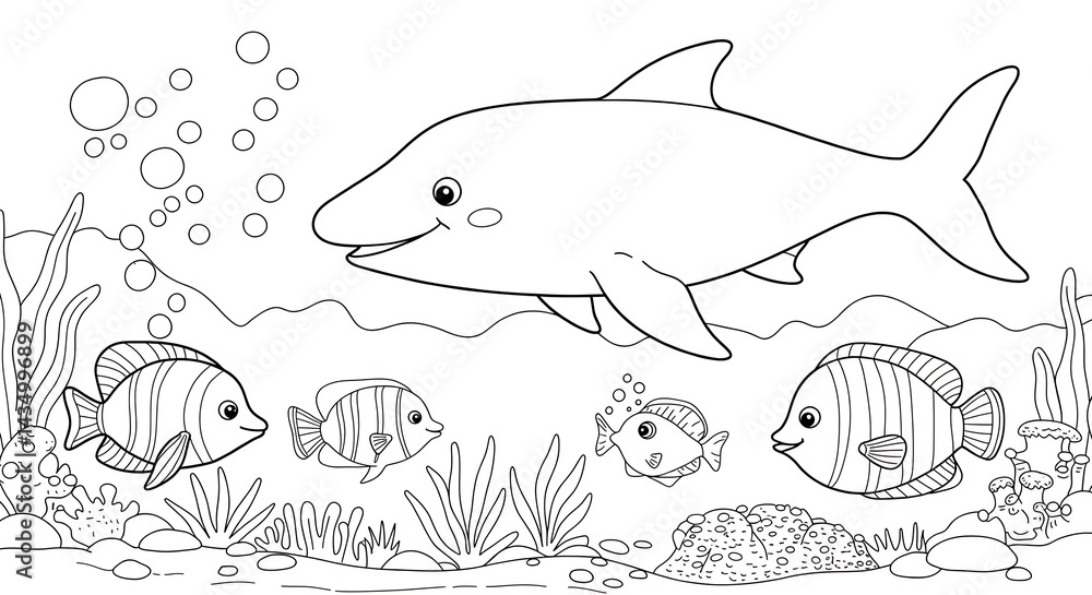 Fototapeta premium sea underwater animals for kids outlined colouring page cute with white background