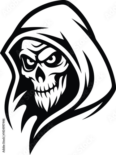Creative and stylized skull character wearing a hood premium quality vector illustration, stylized skull character wearing a hood silhouette and black line art vector
