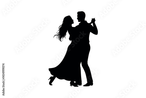 Silhouette of a couple, a bride with long hair and groom dancing on white background