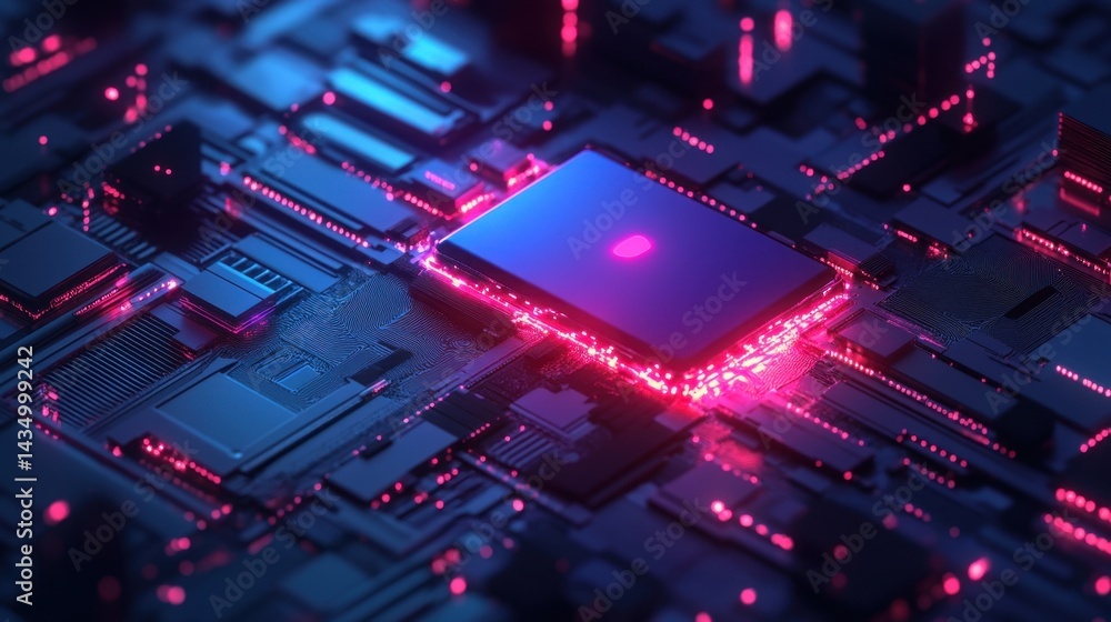 Fototapeta premium A stunning close-up of a futuristic circuit board featuring a glowing processor surrounded by vibrant neon lights. Ideal for technology-themed projects.