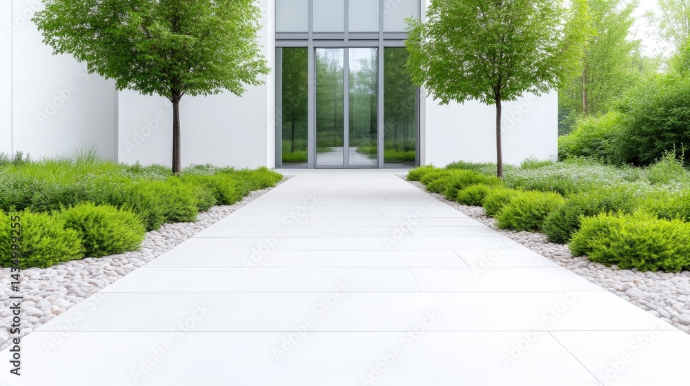 Modern Building Entrance Pathway Lush Greenery Bright Daytime High Resolution Wide Angle Perspective Clean Lines Landscaping Design Architectural Exterior Bright Neutral Tones Real Estate Marketing Modern Building Entrance Pathway Lush Greenery Bright Daytime High Resolution Wide Angle Perspective Clean Lines Landscaping Design Architectural Exterior Bright Neutral Tones Real Estate Marketing