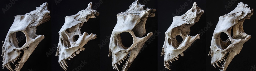 Generate five views of the skull, front view and side view, with a black background. The first three views show different angles of the head from left to right. Generate five views of the skull, front view and side view, with a black background. The first three views show different angles of the head from left to right.