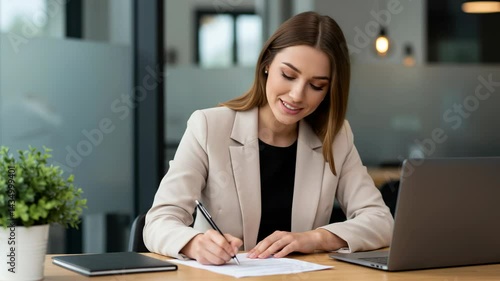 Wallpaper Mural Businesswoman writing and signing contract at desk wearing blazer, ideal for showcasing workplace professionalism, documentation, business deals, and office success. Torontodigital.ca