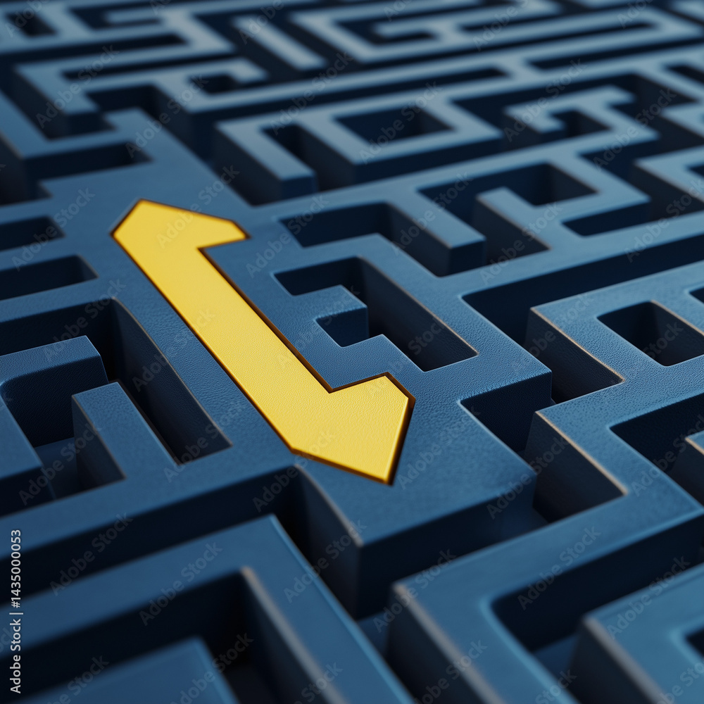 Concept - solving a complex problem. Blue maze and floor with yellow solution path with arrow. Banner size. Concept - solving a complex problem. Blue maze and floor with yellow solution path with arrow. Banner size.