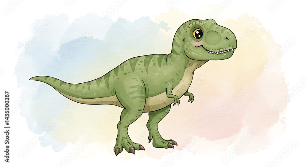 Obraz premium Tiny Tyrant's Gentle Gaze A Prehistoric Pastel Dream Rainbow Rex The Sweetest Dino Little Green Giant Watercolor Wonder Jurassic Charm Friendly Cretaceous Creature Dino Daydream Rex in Bloom