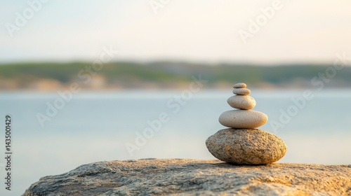 A serene stack of smooth stones balanced on a rock, set against a tranquil waterfront backdrop, evoking peace and harmony.