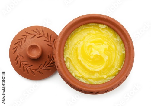 Ghee in earthen pot, top view isolated on white background