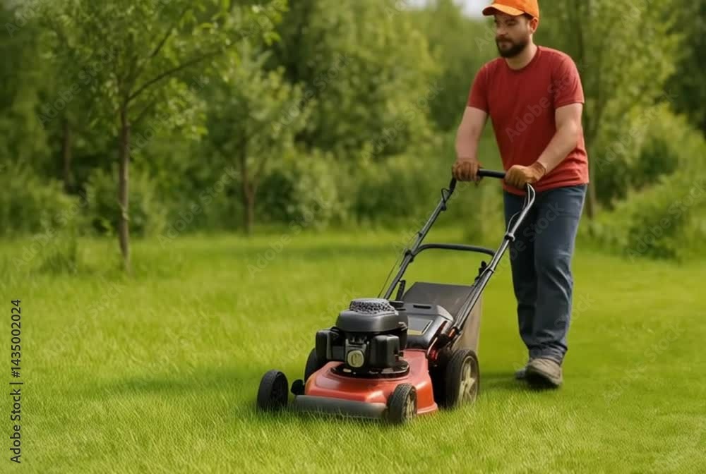 Man mowing lawn, Young Caucasian man in red t-shirt and orange cap mowing grass with lawnmower in sunny backyard, summer outdoor activity, gardening and lawn care maintenance concept Man mowing lawn, Young Caucasian man in red t-shirt and orange cap mowing grass with lawnmower in sunny backyard, summer outdoor activity, gardening and lawn care maintenance concept