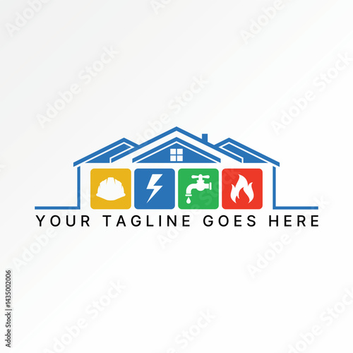 Logo design graphic concept creative premium vector stock image top sell roof house home helmet thunder water tap fire flames electric project repair