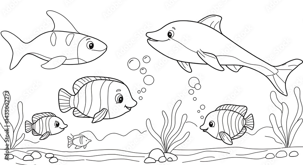 Fototapeta premium sea underwater animals for kids outlined colouring page cute with white background