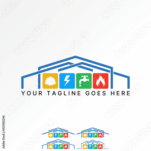 Logo design graphic concept creative premium vector stock image top sell helmet thunder water tap fire flames roof house home electric project repair