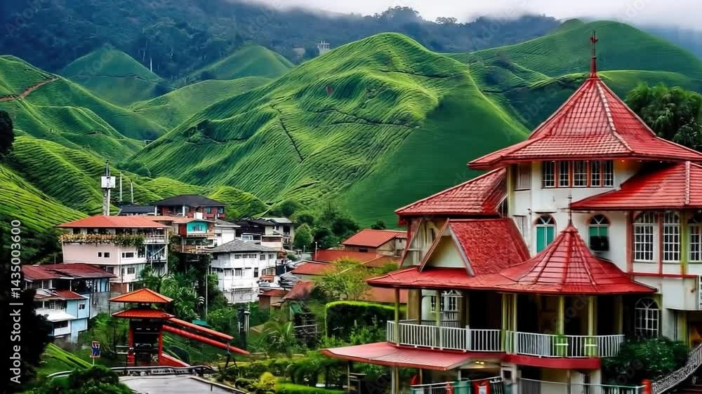 Scenic View of Vibrant Hills and Charming Architecture in a Serene Mountain Landscape