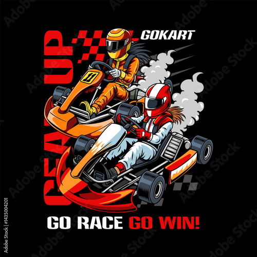 Two Go-Kart duel sports racing cartoon illustration for poster, t-shirt print, business element, social media content, blog, sticker, vlog, and card