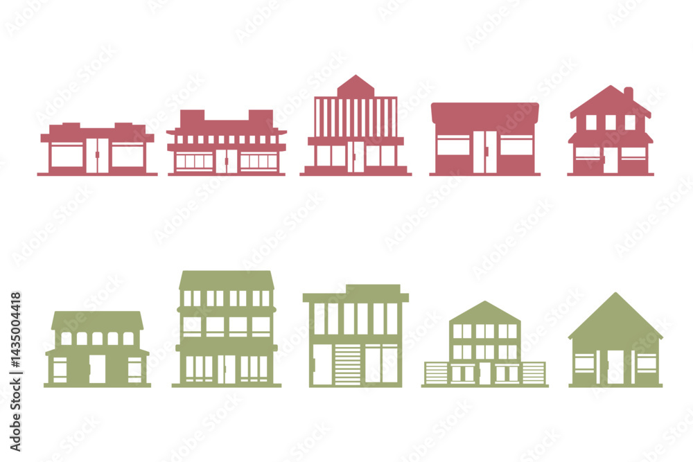 Fototapeta premium Shop Building Silhouette Icon Set