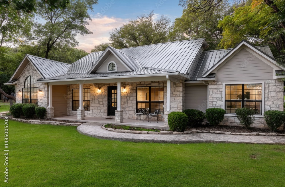 A picturesque view of the front porch and entrance to an elegant single-story Texas ranch home with large windows and stone accents A picturesque view of the front porch and entrance to an elegant single-story Texas ranch home with large windows and stone accents