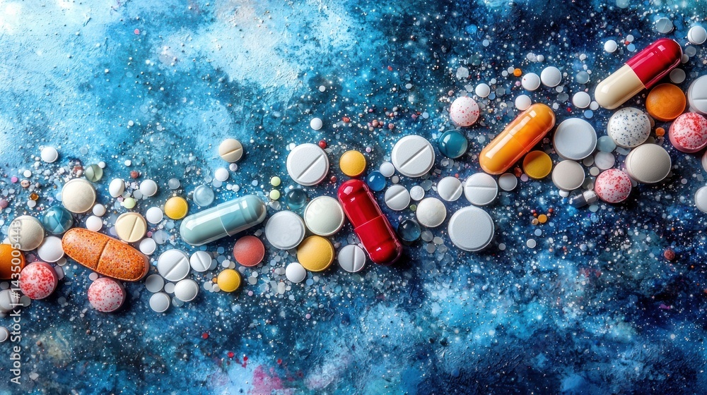 Pills scattered on abstract painted background Pills scattered on abstract painted background