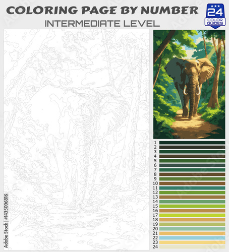 Coloring Page by Numbers - Majestic Elephant Walking Through Jungle Path - Intermediate Paint by Number Template with 24 Color Palette for Adults and Kids
