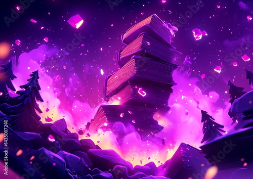 Magical Books Tower in Night Forest