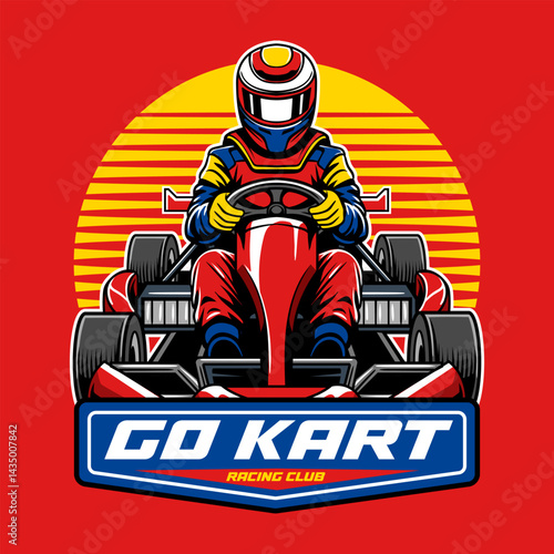 Kart sport racing, red color with a man driver emblem from front view logo cartoon illustration for poster, t-shirt print, business element, social media content, blog, sticker, vlog, and card