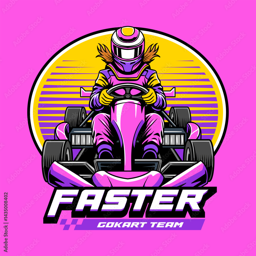 Obraz premium Kart sport racing, pink color with a woman driver emblem logo cartoon illustration for poster, t-shirt print, business element, social media content, blog, sticker, vlog, and card