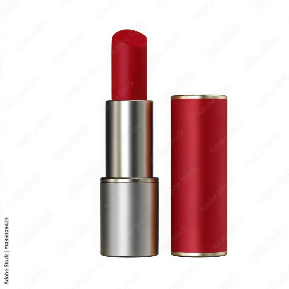 Obraz premium A red lipstick with silver base and a red tube cap on a white background view