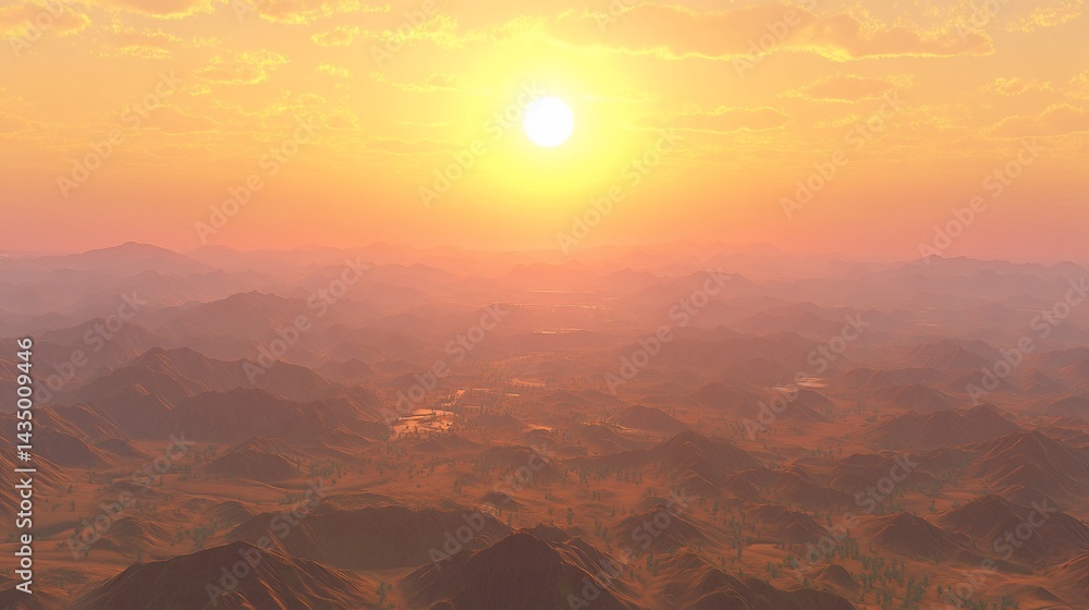 Naklejka premium Golden sunset over hazy, mountainous landscape