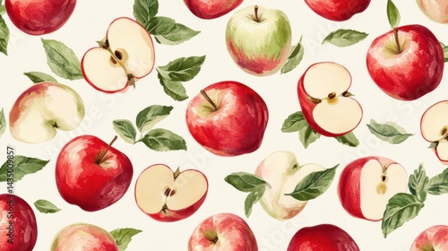 Fresh apples, slices, and leaves pattern